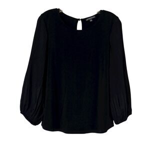 Adrianna Papell Black Dressy Blouse Long Pleated Sleeves Elastic Cuffs